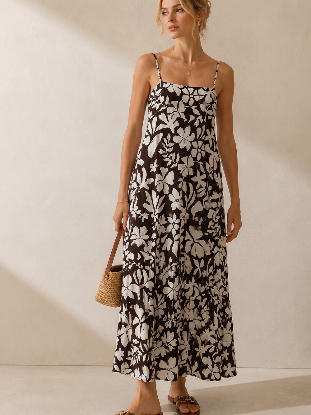 Paper Heart White/brown Floral Maxi Dress Strappy Eurosummer Coast Resort Boho